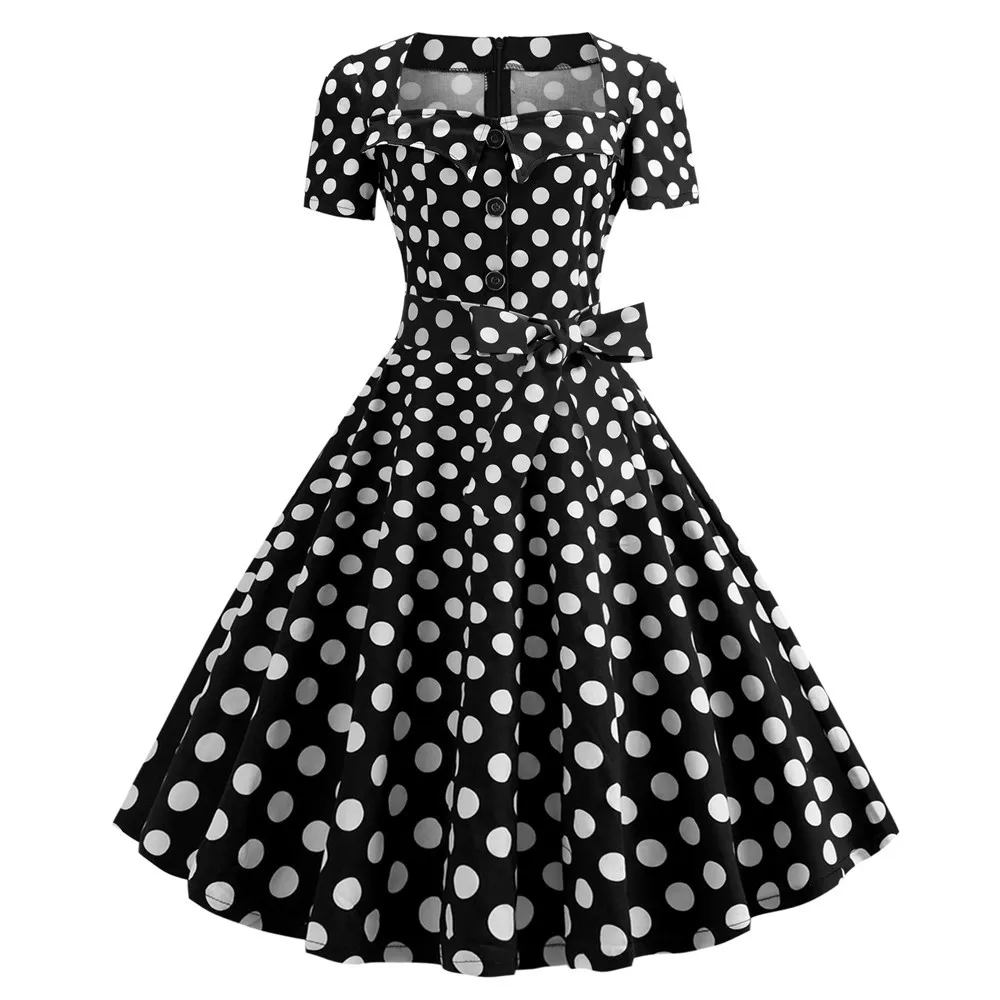 Женские летние платья, элегантное Ретро винтажное платье 50s 60s Robe Rockabilly Swing Pinup, офисное платье в горошек, Повседневные Вечерние платья красного цвета - Цвет: DOT-BLACK