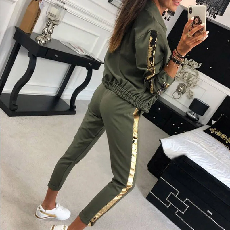 

REDCORE Spring 2019 Sweatshirt Two Piece Set Women Casual Women Sequined Patchwork Tops And Trousers Tracksuits Women Set TZ225