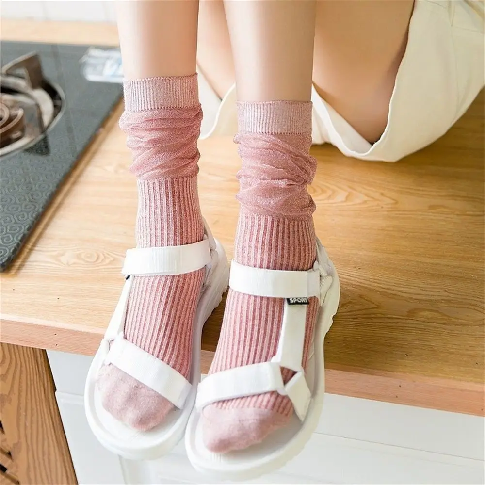 1 Pair Fashion Cotton Socks Autumn Glitter Long Women Girl Shiny Loose Voile Socks Pile of gold and silver socks  Small socks
