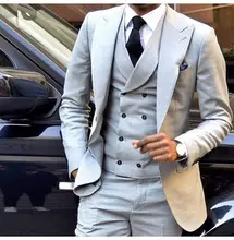 Latest Coat Pant Designs Light Grey Men Suit Double Breasted Slim Fit Skinny 3 Piece Tuxedo Simple Custom Suits Terno Masculino