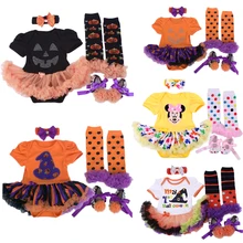 Для маленьких девочек на Хэллоуин Комплекты для девочек Тыква ползунки платье/jumpersuit+ повязка на голову+ Обувь+ Чулки для женщин Infant Bebe 4 шт. костюмы