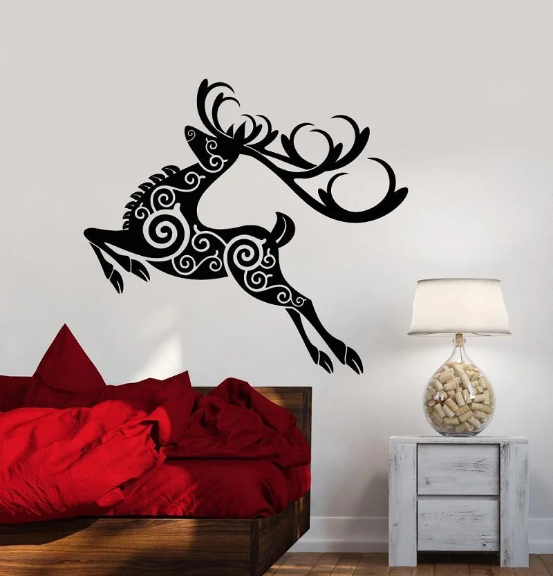 

Vinyl wall applique Christmas abstract forest deer ornament sticker. New Year's holiday home living room wall sticker SDJ14