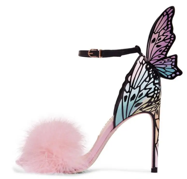 

2019 Thin High Heels Genuine Leather Shoes Women 10cm Butterfly Heels Sandals With Pink Fur Sexy Wedding Party Shoes Big Size 42