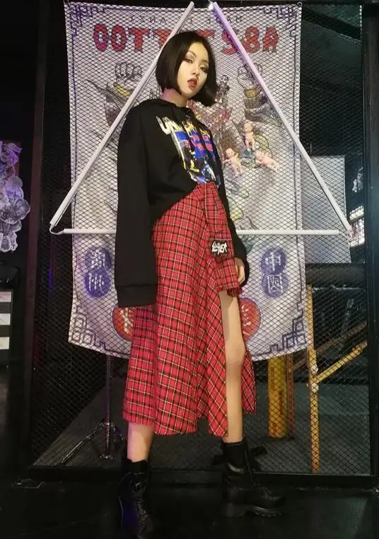 Японская Харадзюку Ретро Красная клетчатая панк Рок Асимметричная длинная юбка