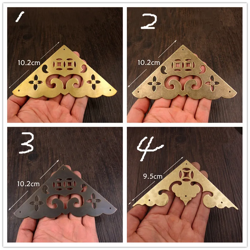 Vintage Flat Brass Corners,Flower Coin Heart Black Protectors,Furniture Hollow Triangle Covers Pins,9.5cm;10.2cm,11.5cm,4Pcs