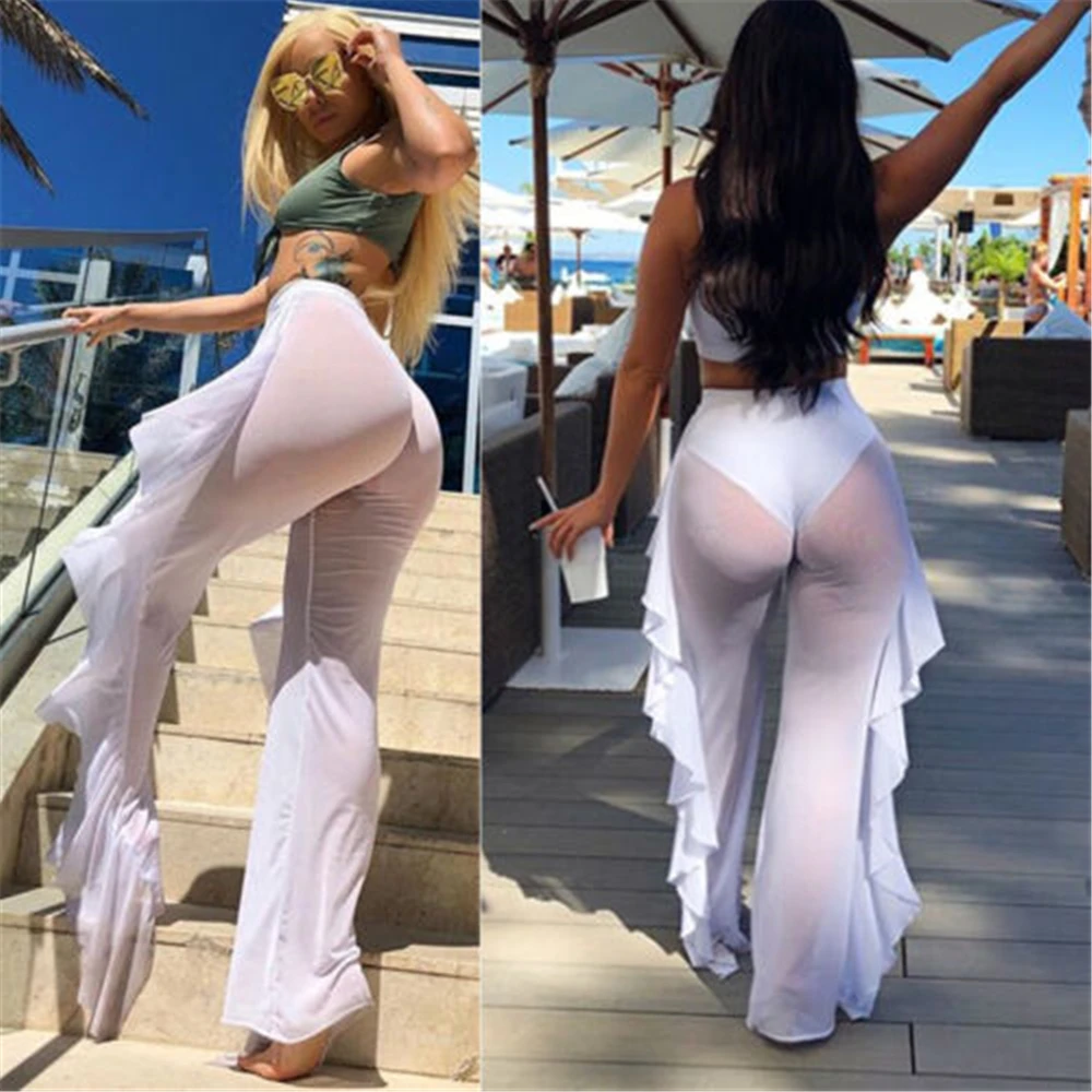 

2019 Sexy Women See-through Pants for Bikini Cover Up Mesh Ruffle Bottoms Plus Size Loose Long Trousers Beachwear