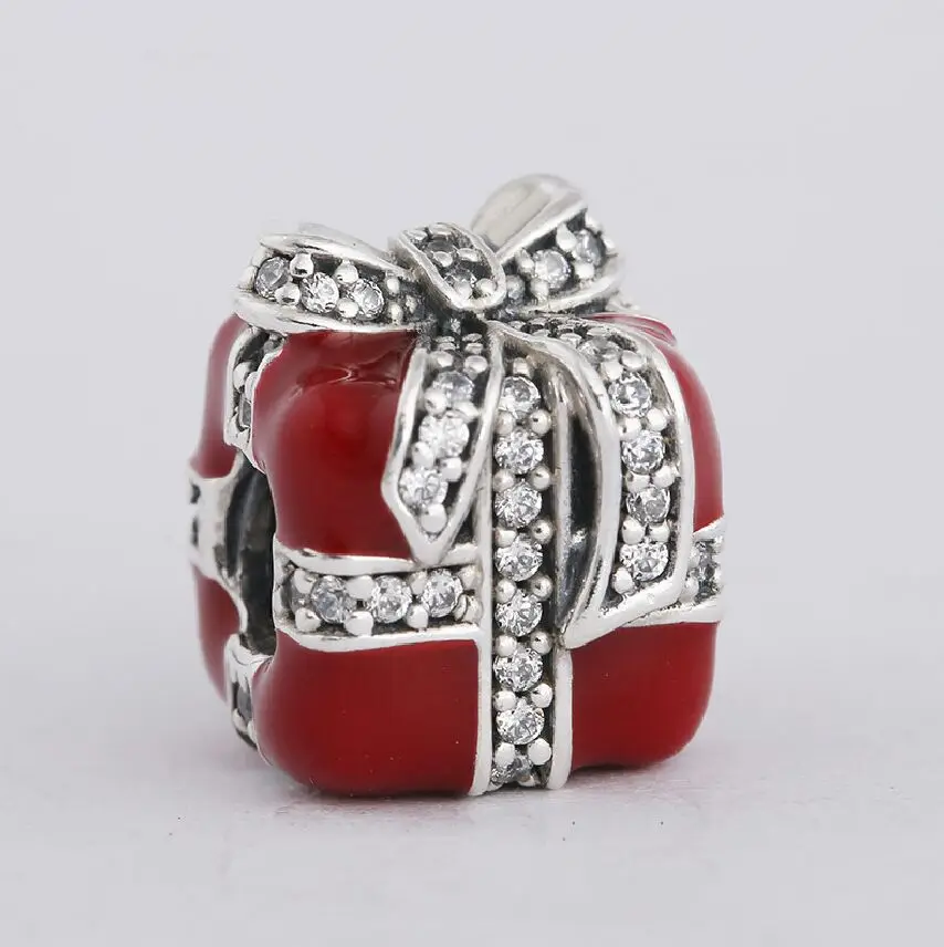

Authentic 925 Sterling Silver Sparkling Pave CZ Bow Red Christmas Surprise Gift Box Enamel Charm Beads Fits Brand bracelets