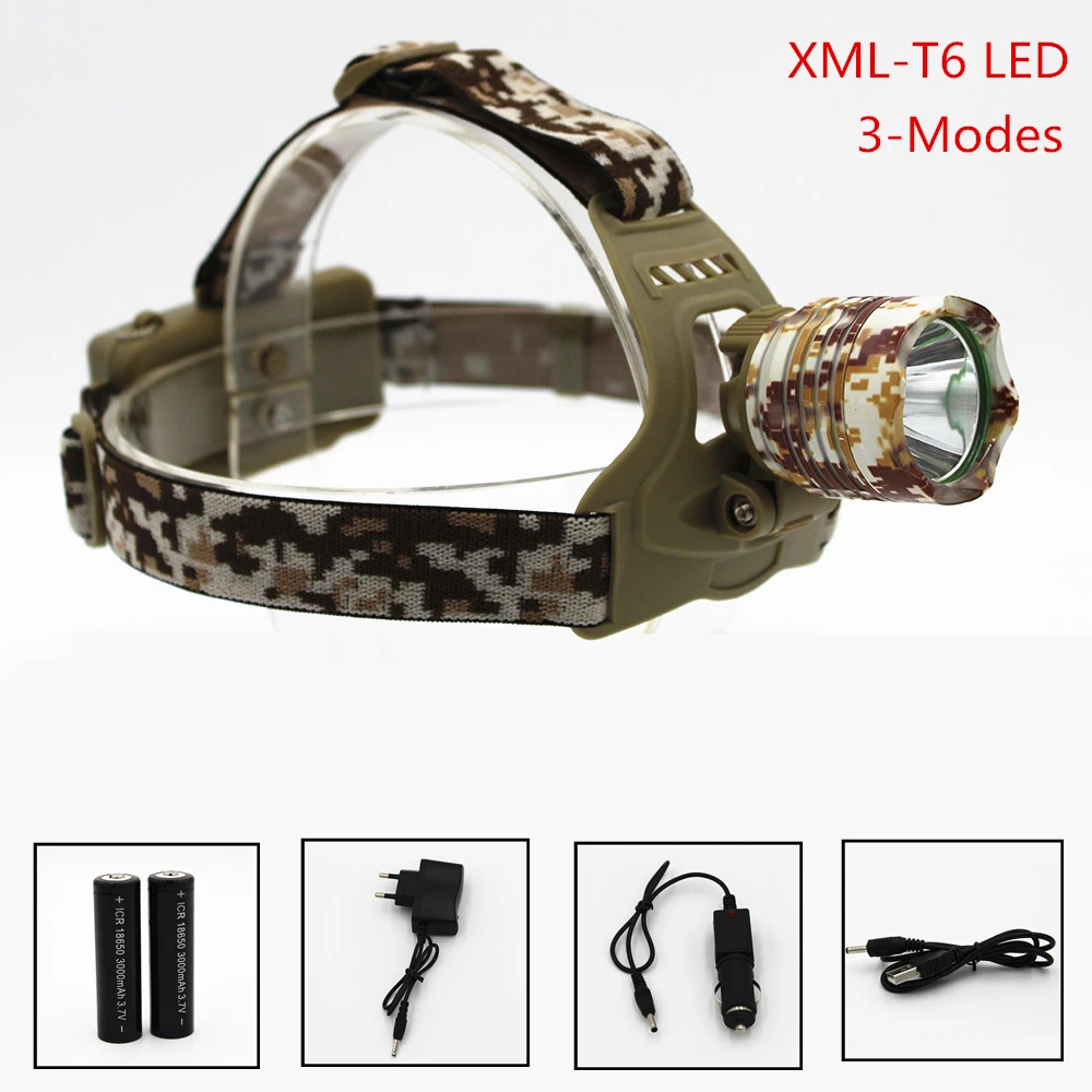 

1000 Lumens XM-L T6 LED Camouflage Headlamp Headlight Head Flashlight Camping Fishing Lamp Light 2x 18650 Battery Car Charger