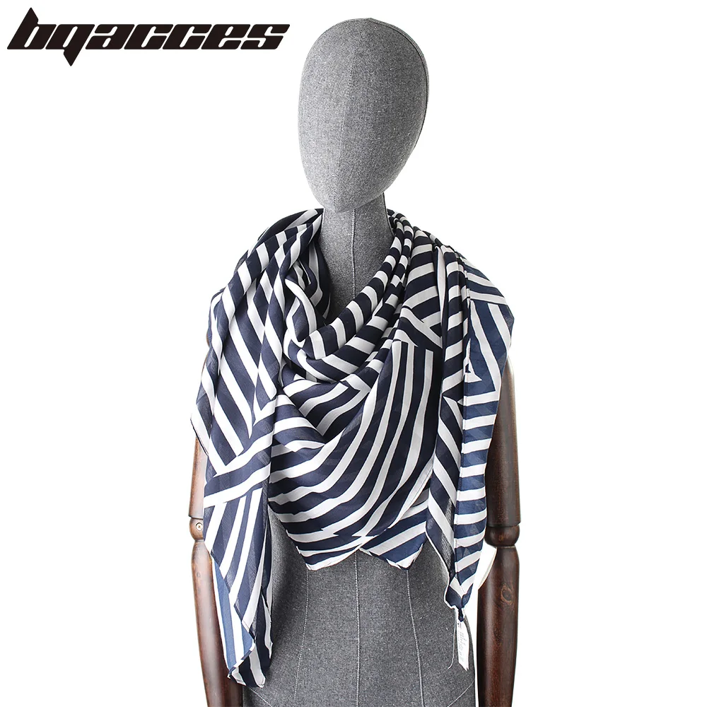

[BQACCES] New Bandana 100% Cotton Square Scarf Women Blue Stripe Geometric Print Thin Silk Scarves Headband Shawl Wrap 130*130cm