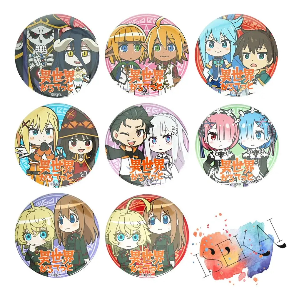 Isekai квартит аниме Konosuba Rezero Overlord Megumin Aqua Tanya Albedo Rem Emilia Group фото металлический значок