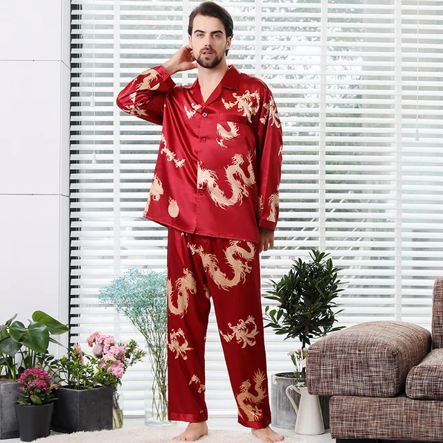Men Silk Pajamas Pyjama Set Couples Chinese Style Dragon Dragon Pattern Two Piece Sleepwear