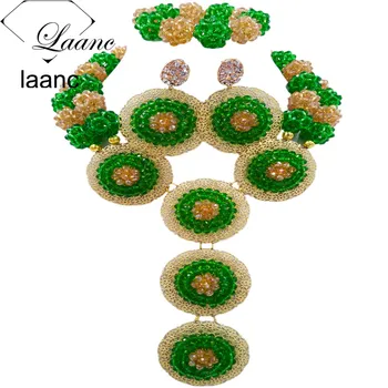 

Laanc Green and Gold Crystal Nigerian Necklace African Wedding Beads Bridal Jewelry Sets for Women AL673