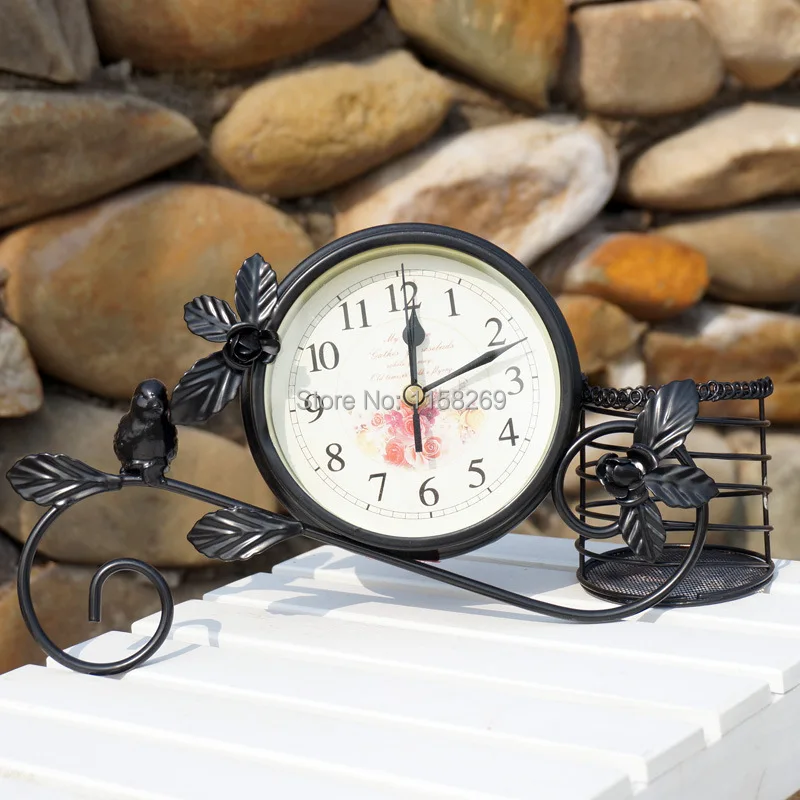 Rural Style Metal Bird clock Home Decoration Handwork Garden Table clock With Pen Pot Black White Colour Rural Style Metal Bird clock Home Decoration Handwork Garden Table clock With Pen Pot Black White Colour