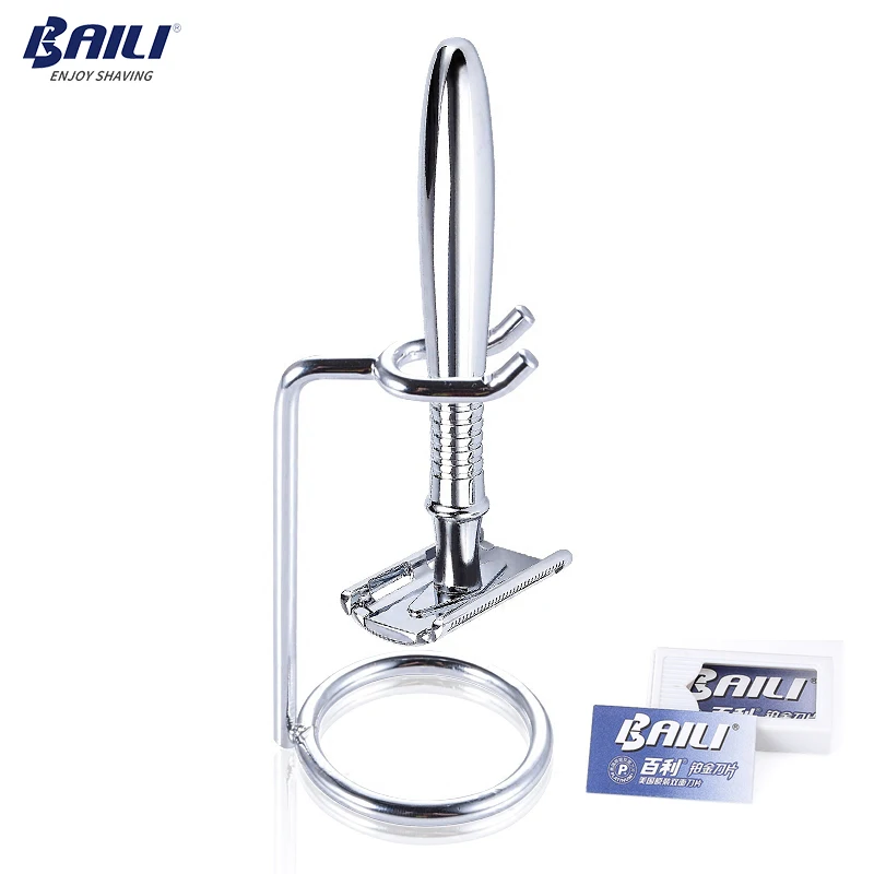 

BAILI Stainless Safety Razor Double Edge Blades Long Handle Barber Shaving Shaver +5 Blades +Case +Stand/Holder BD191
