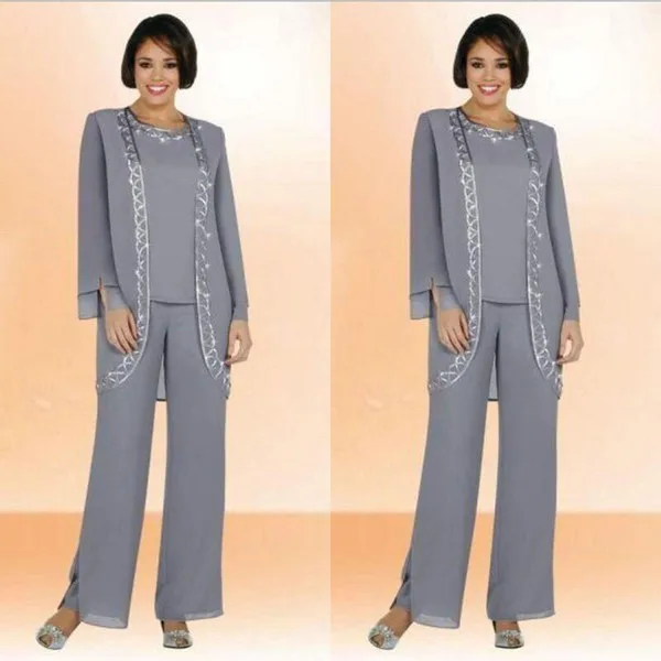 

Modest 2019 Chiffon Mother Of The Bride Pant Suits With Jacket Gray Chiffon Ribbon Edge Mother of the Groom Dresses for Wedding