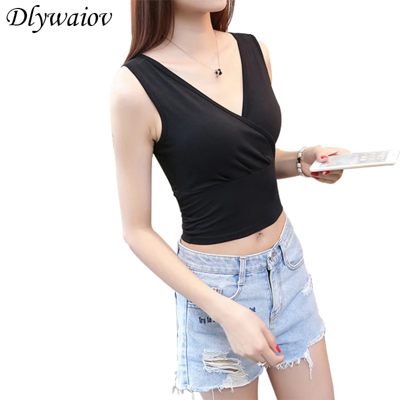 

Summer New Women Top Cotton Tank Cold Shoulder Tops Cross V collar Sexy Tight Exposed Navel Vest Slim Short Paragraph Camisole