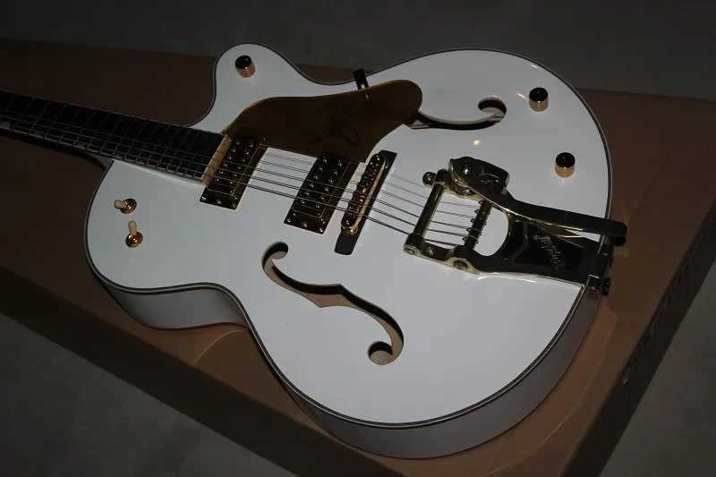 

china Guitar factory custom Top Quality new white Jazz Electric Guitar with Bigsby tremolo 01