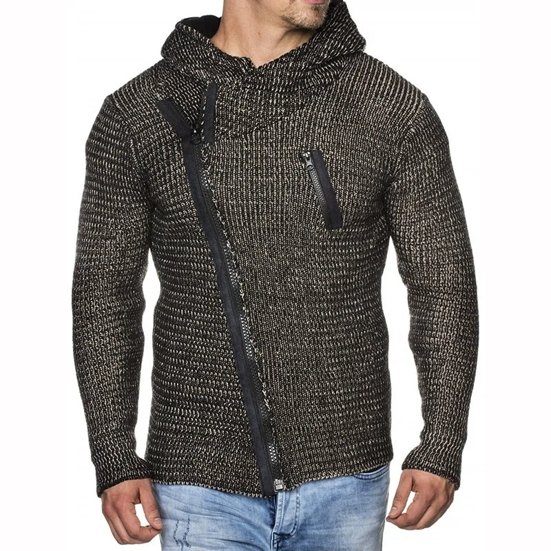 Men's Knit Sweater with Scarf Collar Slim Zip Hoodie Sweater Hip Hop Streetwear Long Sleeve High Quality Man's Sweaters