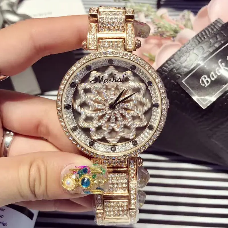 Koop Nieuwkomers Luxe Merk Vrouwen Horloges Volledige Diamond Roterende Wijzerplaat Horloge Relojes Mujer Vrouwen Horloge Relogio Feminino relojes