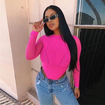 

BKLD Neon Green Hot Pink Mesh Bodysuit Autumn Women O-neck Long Sleeve Transparent Bodycon Sexy Sheer Bodysuit Jumpsuit Overalls