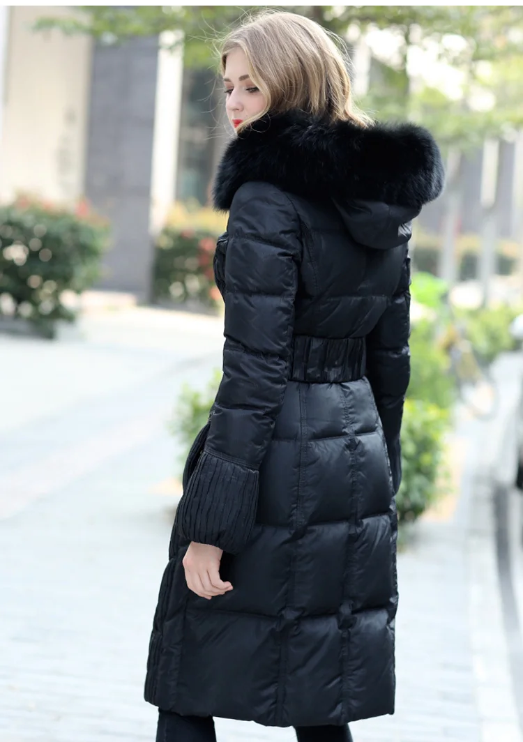 Длинная зимняя куртка на утином пуху, женская теплая пуховая куртка с капюшоном, Воротник из натурального Лисьего меха, высокое качество, корейские женские куртки U13357