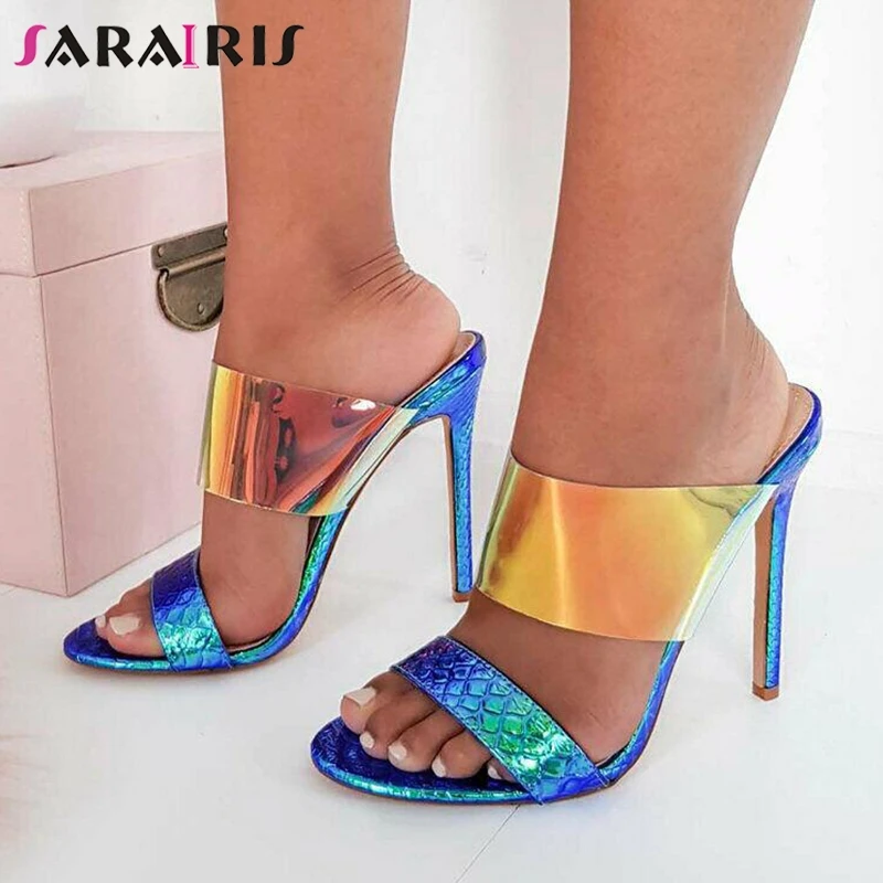 

SARAIRIS 2019 New INS Hot Sexy Colored Mules Women Summer Party Night Pumps Thin High Heels Slippers Women Shoes Woman