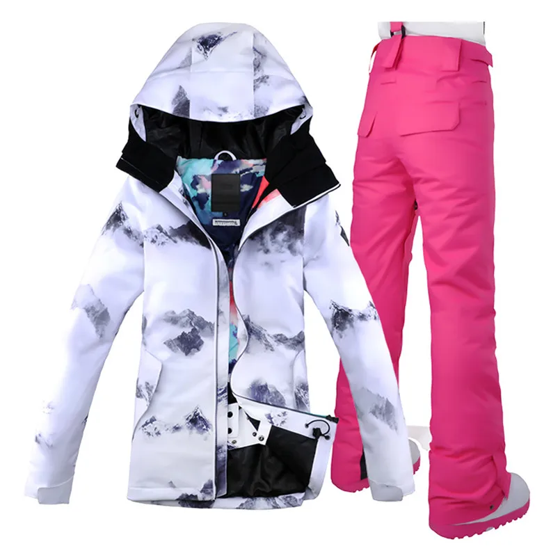 Зимний горнолыжный костюм женский GS горнолыжный костюм женский,Теплый, водонепроницаемый, ветрозащитный женский зимний спортивный горнолыжный костюм,женский сноубордический костюм - Цвет: with rose pant