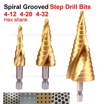 

4-12/4-20/4-32mm Hex shank HSS Spiral grooved Step Drill Bits Cut Tool Core Drill Bit Hole Cutter Power Tools