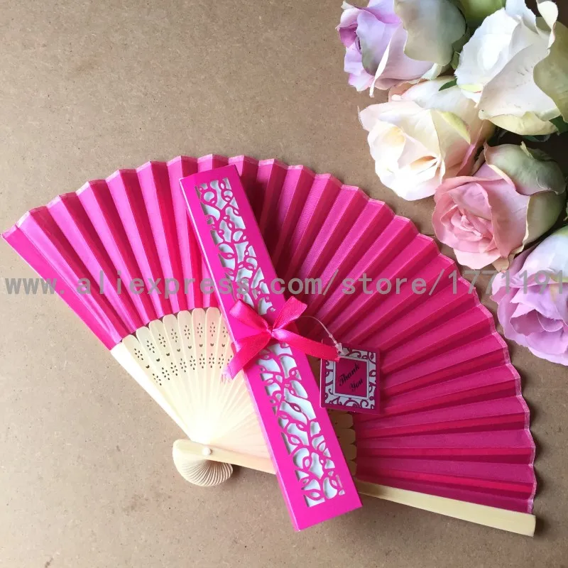 50 компл./лот элегантный Шелковый складной веер с роскошной лазерной огранкой Подарочная коробка+ спасибо карта+ лента для свадьбы - Цвет: Hot pink