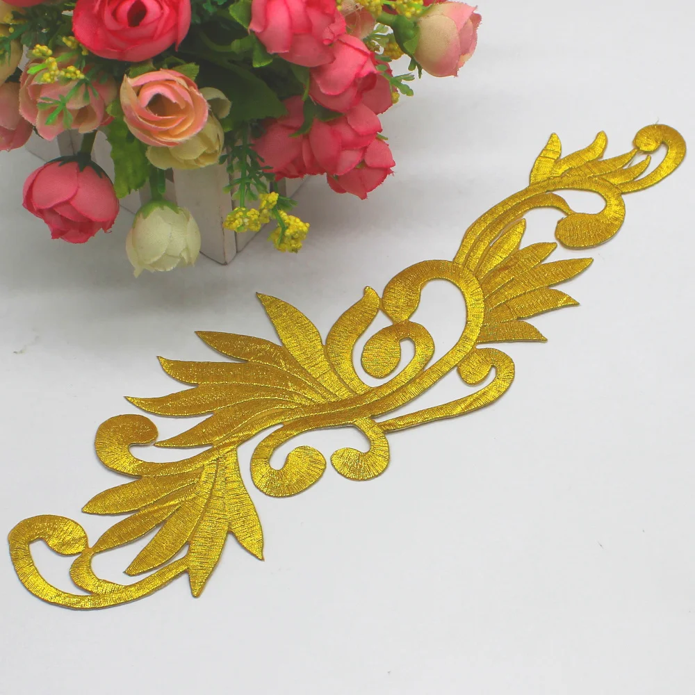 

YACKALASI Iron On Patches 5 Pcs/Lot Gold Appliqued Cosplay Lace Diy Embroidery Flower Trims 28*8cm