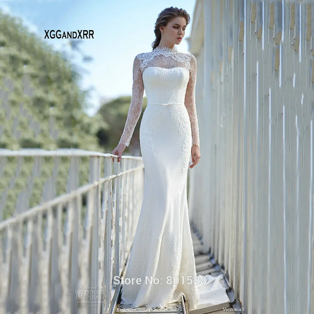 

IM383 E-MARRY High Neck Lace Sheath Wedding Dress 2019 Bridal Gown Simple White Bride Dress Court Train Long Sleeves Bridal Gown