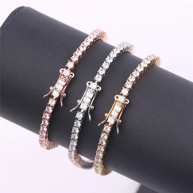 

18 20cm Iced Cubic Zircon Tennis Chain Bracelet Hip Hop Jewelry Gold Silver Rose Color Box Clasp Women Men's Bracelet Link Chain