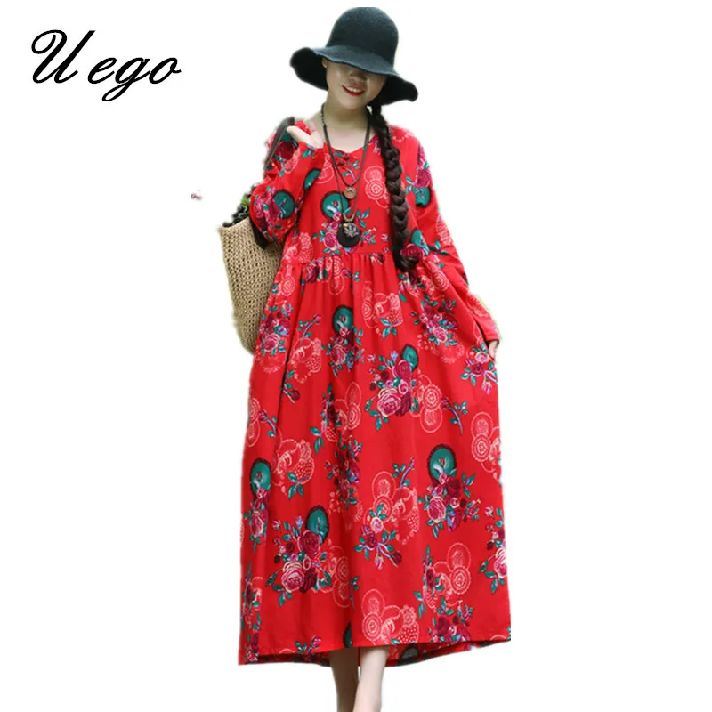 

Uego 2019 New Arrival Soft Cotton Linen Spring Dress Long Sleeve V-neck Printing Floral Vintage Dress Robes Women Casual Dress