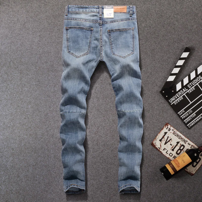 American Streetwear Men Jeans Blue Color Slim Fit Casual Denim Pants Ankle Zipper Elastic Jeans Men Hip Hop Jeans homme 