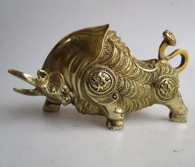 Long 8 Inch 20cm Home Decor Feng Shui Brass Money Ox Statue Metal