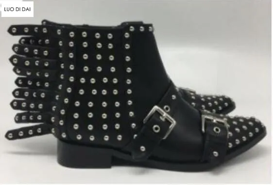 

2018 fashion women ankle boots women rivets booties flat heel leather boots lady party shoes point toe spike stud booties