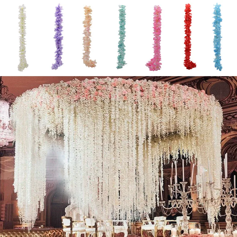 1M/33CM Artificial Silk Hydrangea Wisteria Flower String For Wedding Arch Square Rattan Wall Hanging Basket Wedding Decoration 8