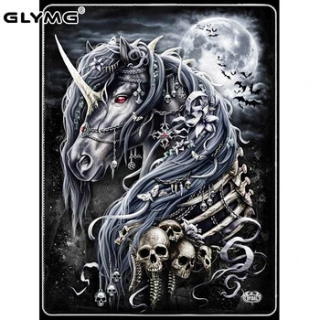 

GLymg Diy Diamond Embroidery Black Horse Skull Diamond Painting Cross Stitch Full Square Rhinestones Embroidery Home Decor
