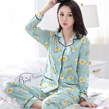 

New Long Sleeved 100% Cotton Two Piece Sets Pajamas Print Sleepwear Girl Pyjamas Elegant Pajama Sets Mujer Lady Casual Pj 3XL