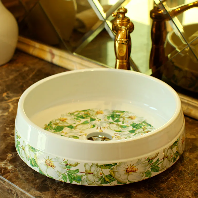 Green pattern flower porcelain bathroom vanity bathroom sink bowl countertop Round bathroom sink wash basin Green pattern flower porcelain bathroom vanity bathroom sink bowl countertop Round bathroom sink wash basin