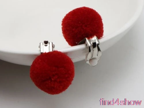 Пара меховый шар-помпон, клипсы на ухо, серьги без пирсинга 20 мм - Окраска металла: Red