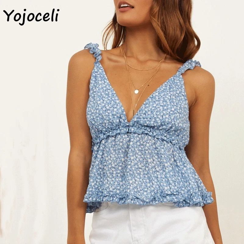 Синий Yojoceli, летние топики с цветочным принтом, топы для женщин, boho, пляжные, с рюшами, укороченные, feamle, жилет, топы - Цвет: Синий