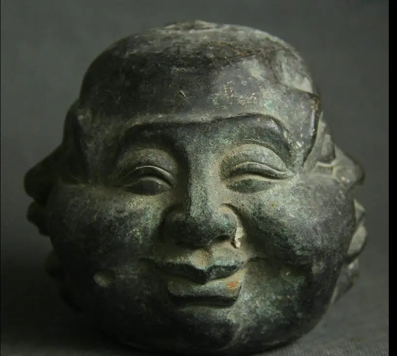 

wang671115523++++4" Old China Bronze Four Face Moods Happy Laugh Maitreya Buddha Head Bust Statue