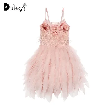 

Girls Feather Flowers Sling Tulle Princess Dress European and American Style Baby Girl Costume for Birthday Party