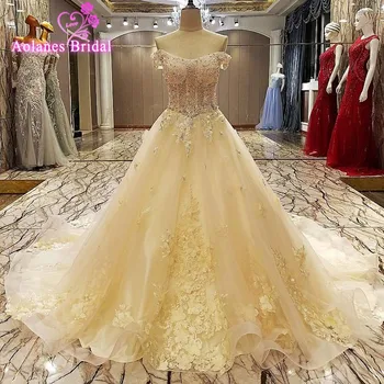 

2017 New Arrival Strapless Ruched Appliques Beading Sequins Ball Gown Wedding Dress Ivory/Champagne Bridal Gowns Real Photo