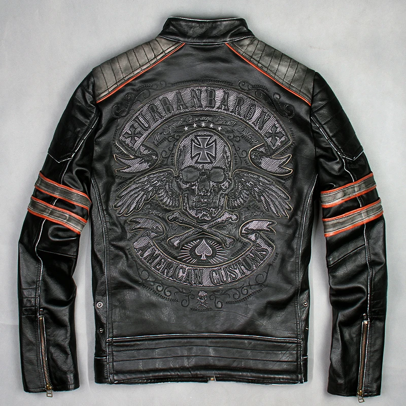 Mens Black Genuine Leather Coats Vinatge Frayed Embroidery