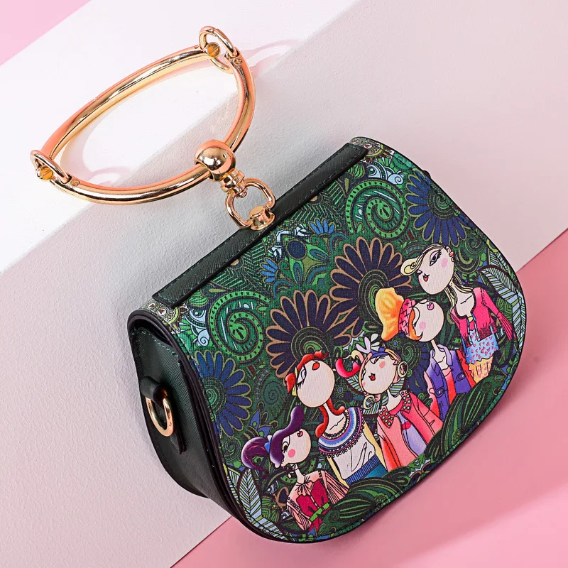

2018 women's handbag New Iron Ring Handheld Female Bag Korean Edition Fashion Forest Printed Single Shoulder Oblique handBag