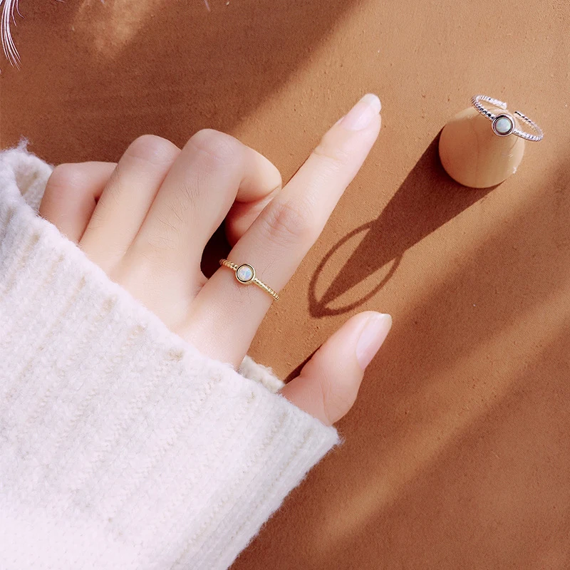 Модное простое Оригинальное 925 пробы Серебряное элегантное круглый Опаловый камень золотого цвета Тонкое изящное милое женское кольцо для девочек