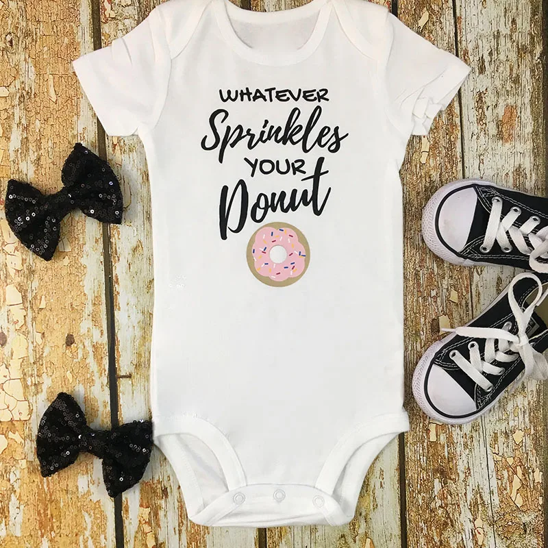 

DERMSPE Casual Newborn Baby Boy Girl Short Sleeve Letter Print Whatever Sprinkles Your Donut Cotton Romper Outfits Baby Clothes