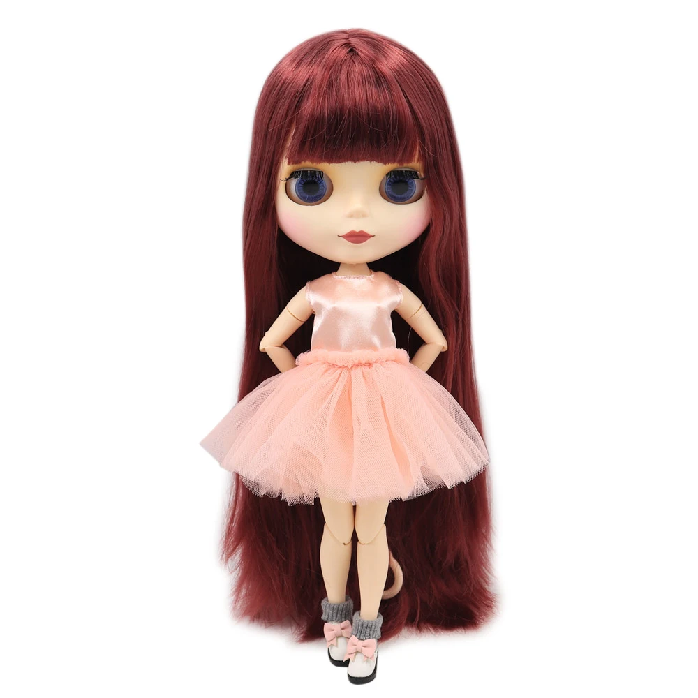 

Blyth nude doll 30cm white skin long straight wine red soft hair bangs 1/6 joint body matte face ICY with makeup DIY No,12532